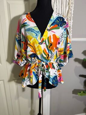Sweet Rain Multicolor V-Neck Drawstring Peplum Top